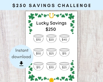 250 Dollar Lucky Savings Challenge | Printable Money Saving Tracker | St Patrick&#39;s Day Savings Planner | Pot of Gold Savings Template |