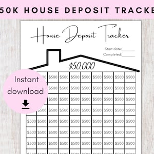 Może przedstawiać: Drukowalny tracker wpłaty na dom z czarno-białym wzorem. Tracker ma kształt domu i zawiera siatkę ze 100 kwadratami. Każdy kwadrat reprezentuje 500 €. Tracker został zaprojektowany, aby pomóc ludziom zaoszczędzić na wpłatę na dom.