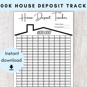 May include: A printable house deposit tracker with a black and white house graphic. The tracker is designed to help you save $100,000 for a house deposit. The tracker has a grid with 100 squares, each representing $1,000. You can track your progress by filling in the squares as you save.