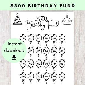 May include: A printable black and white chart with the text "$300 Birthday Fund" at the top. The chart has 30 balloons with the text "$10" inside each balloon. There is a party hat and a cupcake at the top of the chart.