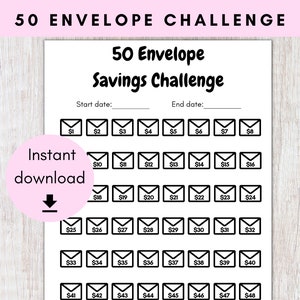 50 Envelope Savings Challenge | Cash Envelope Saving System | Printable Savings Tracker | Save 1275 Dollars
