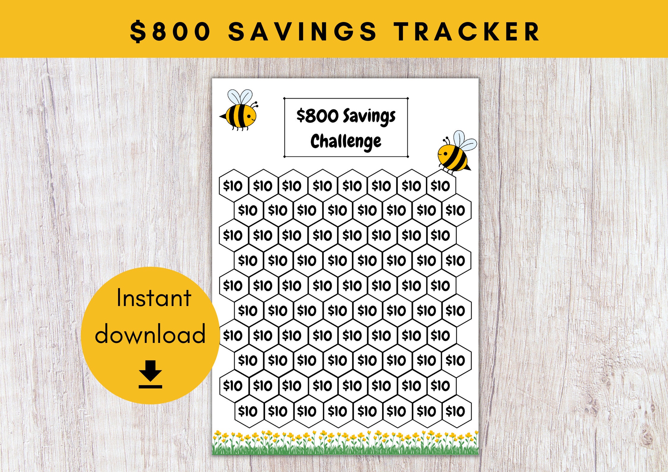 800 Dollar Honeycomb Savings Challenge Fun Bee Themed Savings Tracker 