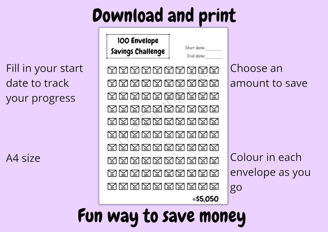100 Envelope Savings Challenge Cash Envelope Saving System Printable ...