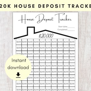 Può includere: Un tracker di deposito per la casa stampabile in bianco e nero con una forma di casa e una griglia di quadrati. Ogni quadrato rappresenta € 200. Il tracker è progettato per aiutare le persone a risparmiare per un deposito per una casa. Il testo "Tracker di deposito per la casa" è scritto nella parte superiore della pagina. Il testo "€ 20.000" è scritto all'interno della forma della casa. Il testo "Data di inizio:" e "Completato:" è scritto sotto la forma della casa.