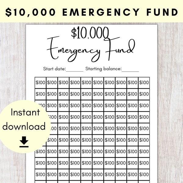 10000 Dollar Emergency Fund | Emergency Money Saving Tracker | Printable Progress Tracker | 10K Savings Challenge | Money Saving Planner