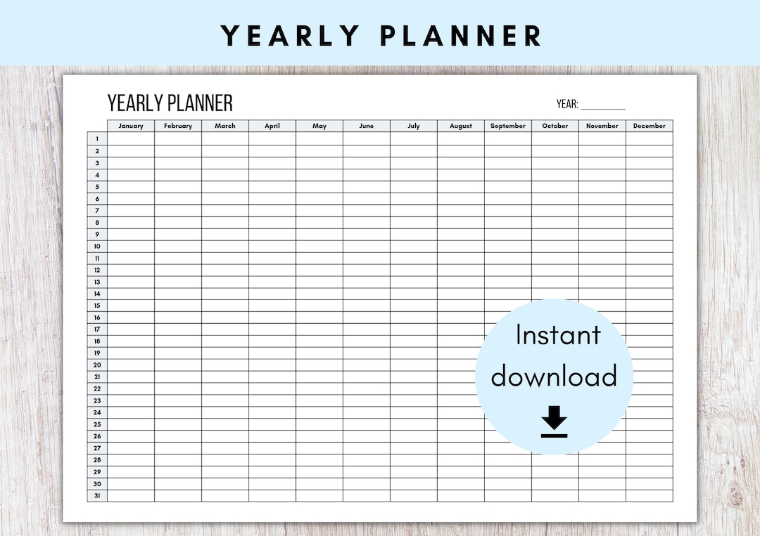 Printable Yearly Planner | Year at A Glance Template | Full Year ...
