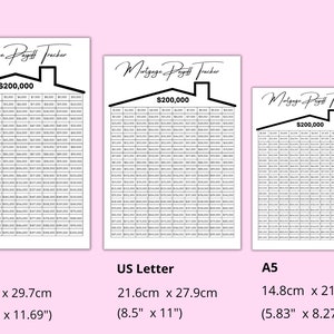Pu&ograve; includere: Tre tracker di rimborso del mutuo stampabili in diverse dimensioni: A4 (21 cm x 29,7 cm), US Letter (21,6 cm x 27,9 cm) e A5 (14,8 cm x 21 cm). Ogni tracker presenta un'icona di casa e il testo "Mortgage Payoff Tracker" con un saldo iniziale di &euro; 200.000.