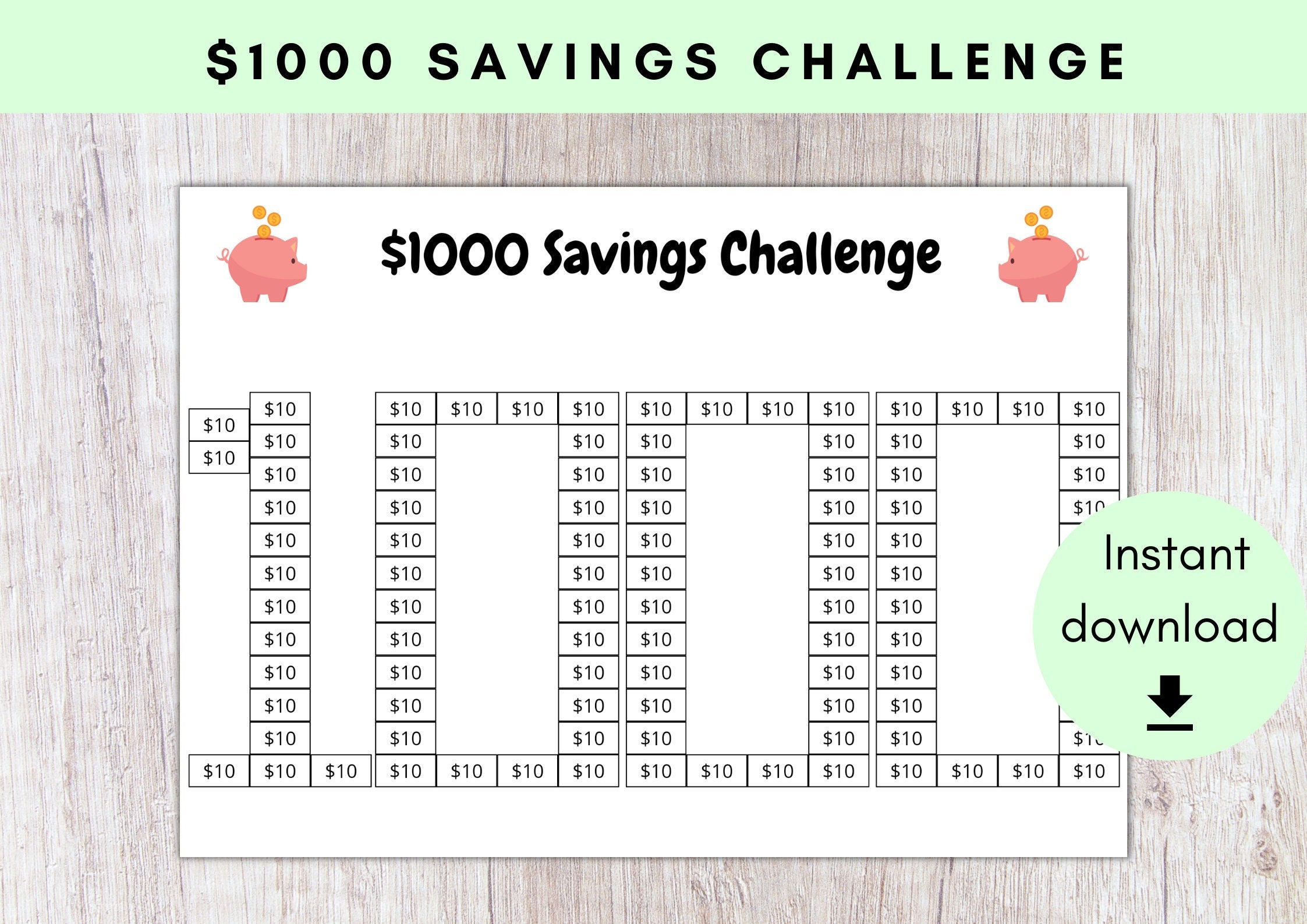 1000 Dollar Savings Challenge | 10 Dollar Savings | Printable Savings Tracker | Savings Progress Tracker | 1K Savings Chart
