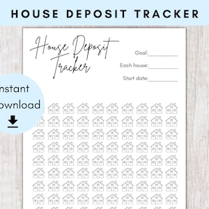 May include: A printable house deposit tracker with a grid of 100 small house illustrations. The tracker includes spaces to write down the savings goal, amount saved per house, and the start date.