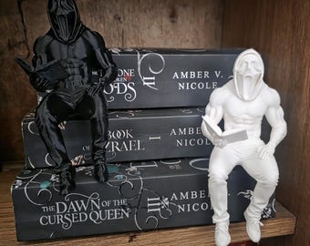 Może przedstawiać: Dwie figurki, jedna czarna i jedna biała, wzorowane na masce Krzyk, siedzą na stosie książek. Figurki czytają książki. Książki mają tytuły "The Dawn of the Cursed Queen" i "Amber V. Nicole". Figurki znajdują się na drewnianej półce.