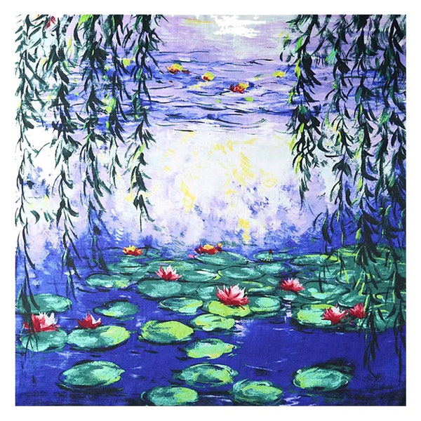 Laprée - Foulard Femme 100% Soie Carré de Soie Reproduction Tableau 90 * 90cm - Les Nymphéas Bleus de Claude Monet