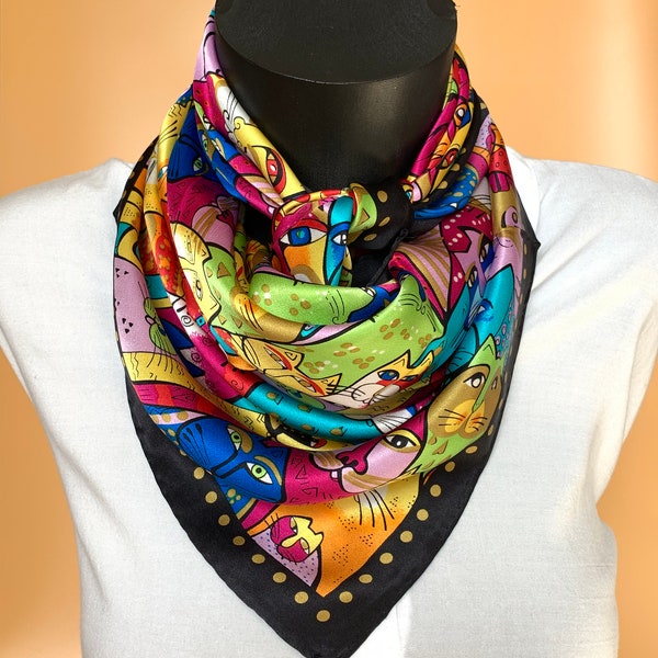 Laprée - Foulard Femme en Soie Carré de Soie Foulard carré 100% soie roulotté 90 * 90 cm - Motif Chats