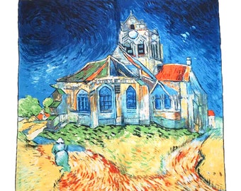 Laprée - High Quality Silk Square Women's Scarf Painting Reproduction 90 * 90cm Hand Rolled - Vincent Van Gogh The Church of Auvers