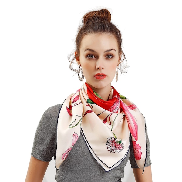 Foulard Soie Femme Carré de Soie Naturelle 16-Momme Motif Fleur 90 * 90cm Multicolore