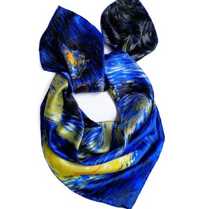 Laprée Women's Silk Scarf Silk Square Painting Reproduction 90 90cm The Starry Night Vincent Van Gogh image 2