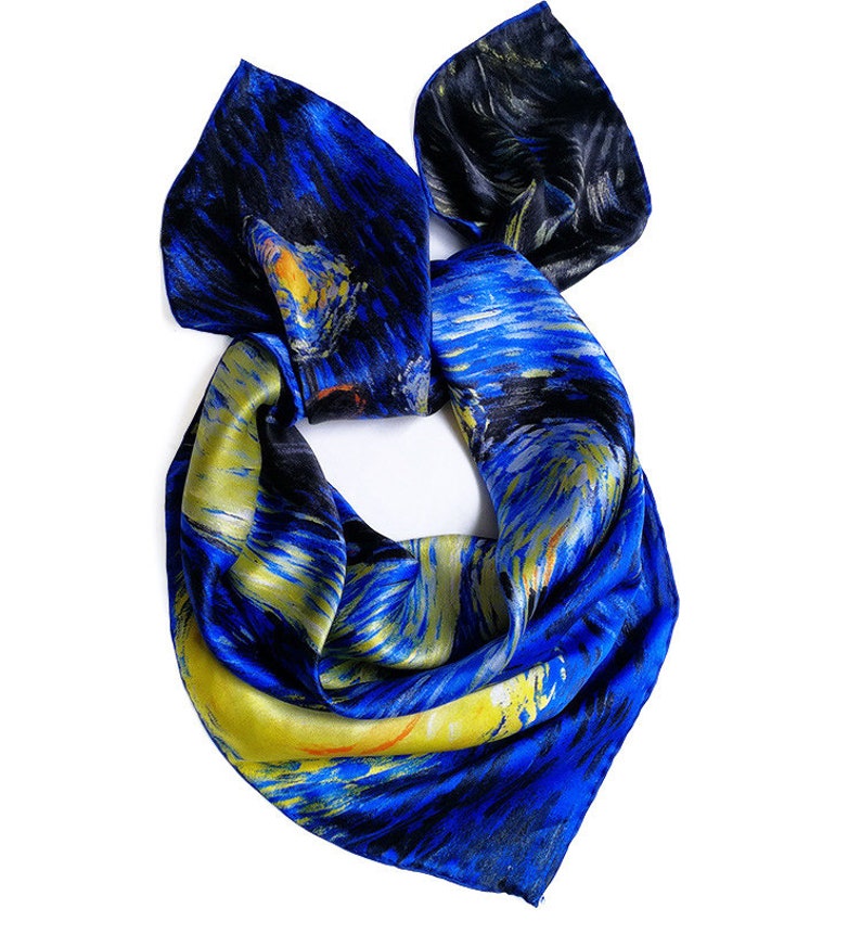 Laprée Women's Silk Scarf Silk Square Painting Reproduction 90 90cm The Starry Night Vincent Van Gogh image 2