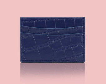 Navy blue Leather Card Holders with many color choice, Classic Genuine Leather Crocodile Pattern.