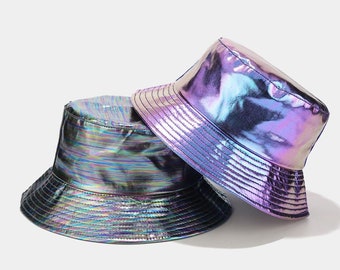 New Holographic Silver, Gold, Rainbow Fisherman Hat, Hip Hop Bucket Hat, Metallic Silver, Gold, Pink Party Hat.