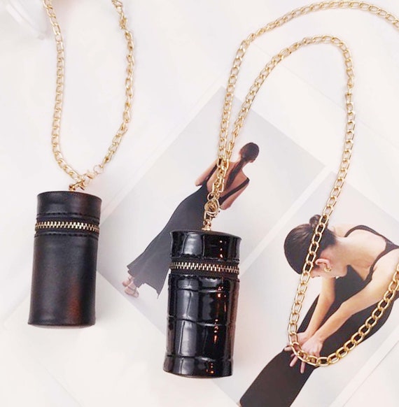 Patent Leather Lipstick Case With Gold Chain Double Lipstick 