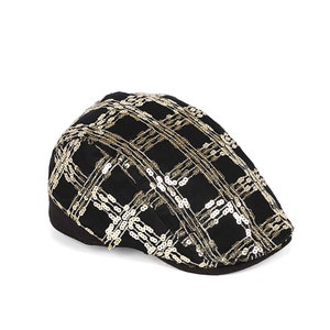 Checkered Sequin flat cap, bronze sequin driver cap, Bling bling sequin newsboy cap, Silver metallic baker cap, Street Fashion style