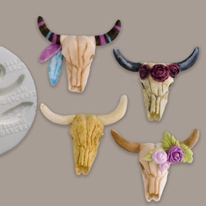 Tribal steer skull cow skull Halloween gothic silicone craft mould food safe for cupcake toppers fondant sugar paste polymer clay crafts