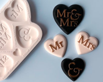 Mr & Mrs hearts wedding favours heart silicone craft mould, food safe for cupcake toppers, fondant, sugar paste, polymer clay, crafts