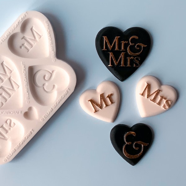 Mr & Mrs hearts wedding favours heart silicone craft mould, food safe for cupcake toppers, fondant, sugar paste, polymer clay, crafts