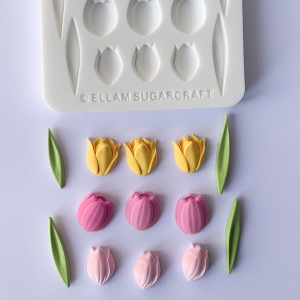 Spring tulips 3 tulip flowers designs repeat 9 cavity silicone craft mould food safe for cupcake toppers fondant sugar paste fimo crafts