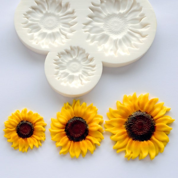 Graduated sunflower silicone craft mould 3 cavity 50mm 40mm 30mm food safe for cakes cupcakes toppers fondant polymer clay sugar paste craft