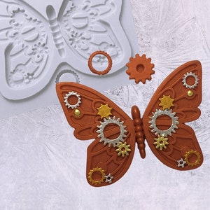 Steampunk butterfly cogs silicone craft mould, food safe for cupcake toppers, fondant, sugar paste, polymer clay, crafts