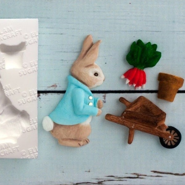 Beatrix Potter inspired Peter rabbit style wheelbarrow bunny silicone craft mould, food safe for cupcake toppers, fondant, fimo, resin etc