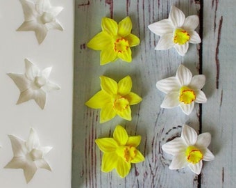 Small spring daffodil flower single design 6 cavity repeat silicone craft mould food safe cupcake toppers fondant sugar paste fimo crafts