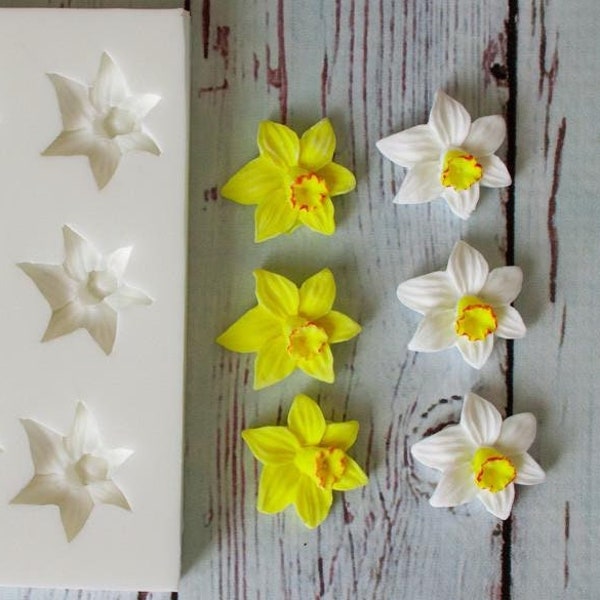 Small spring daffodil flower single design 6 cavity repeat silicone craft mould food safe cupcake toppers fondant sugar paste fimo crafts
