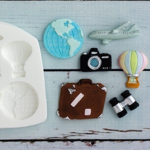 World travel suitcase camera binoculars plane hot air balloon silicone craft mould food safe for cupcakes toppers fondant sugar paste crafts