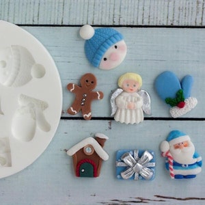 Christmas motifs mix angel mitten gift silicone craft mould, food safe for cupcake toppers, fondant, sugar paste, craft, polymer clay, resin