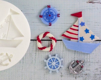 Nautical motifs compass anchor boat lifebelt silicone craft mould, food safe for cupcake toppers, fondant, sugar paste, craft, polymer clay