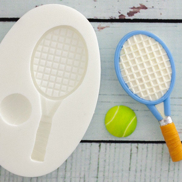 Tennis racquet & ball silicone craft mould racquet 63mm x 25mm ball 14mm dia. food safe for cupcakes toppers fondant polymer clay craft etc