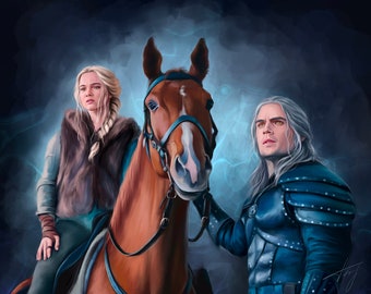 Princess and Geralt, Celebrity Painting, Digital Art, Instant Download, Printable art, Printable Wall Art