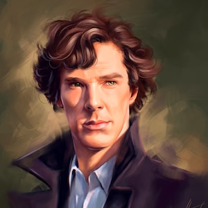Puede incluir: Un retrato pintado de un hombre con cabello castaño y ojos verdes. Lleva una chaqueta de color morado oscuro sobre una camisa azul claro. El fondo es de un verde apagado.