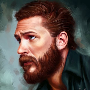 Può includere: Un dipinto digitale di un uomo con la barba rossa e i capelli castani. Sta guardando a sinistra e ha un'espressione seria sul viso.