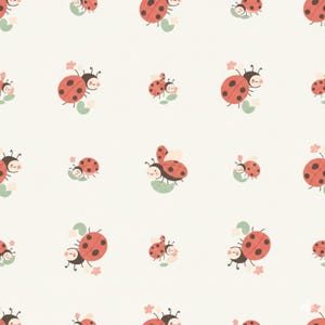 May include: A repeating pattern of cartoon ladybugs with red and black bodies and smiling faces. The ladybugs are on a cream-colored background, with small green leaves and pink flowers scattered throughout the design.