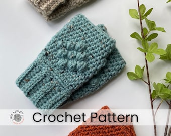 May include: A crochet pattern for a pair of teal blue fingerless gloves with a textured stitch. The gloves are folded in half and the pattern is written on a white background with the text "Crochet Pattern".