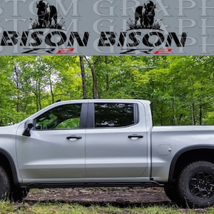 Puede incluir: Una camioneta blanca con ruedas negras y una calcomanía negra "BISON ZR2" en el lateral. La camioneta está estacionada en una zona boscosa.