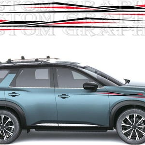 May include: A light blue SUV featuring a black and red geometric vinyl decal applied to the side body panel. The decal consists of two long, sharp, angular lines that taper towards the front, mirroring the design shown in the graphic above.