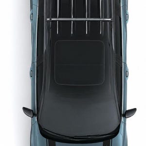 May include: A top-down view of a blue SUV featuring a black roof, a silver roof rack, and a sunroof. The bonnet displays two black racing stripes with the word PATHFINDER printed in white lettering along the right stripe on the vehicle's front.