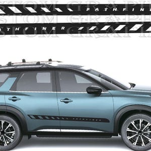 May include: A light blue SUV featuring black and white side body decals with the text PATHFINER. The decals consist of a series of slanted rectangular shapes and the word PATHFINER in a bold, sans-serif font, displayed both separately and applied.