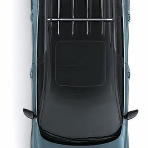May include: A top-down view of a blue SUV featuring a black roof, a silver roof rack, and a black mountain graphic on the bonnet with the text PATHFINER in orange letters. The vehicle has side mirrors and a sunroof visible from this overhead angle.