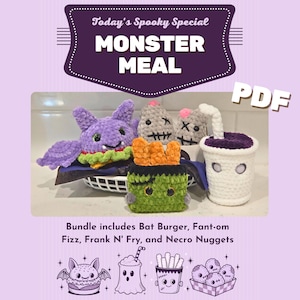 Op de afbeelding: Een haakpatroon PDF getiteld Today's Spooky Special Monster Meal met een paarse vleermuisburger, een groene Frankenstein frietbakje en een witte beker. De bundel bevat Bat Burger, Fant-om Fizz, Frank N' Fry en Necro Nuggets.