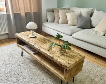 Mesa de centro | Mueble bajo hecho de tablones de andamio | Madera maciza | Madera recuperada | Mesa de centro | Mesa de salón con estante | Mesa de madera