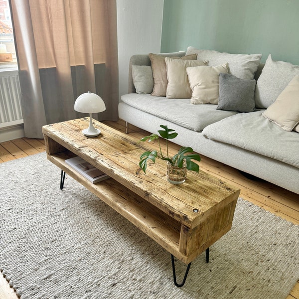 Coffee table | Lowboard made of scaffolding planks | Solid wood | Reclaimed wood | Coffee table | Living room table with shelf | Wooden table